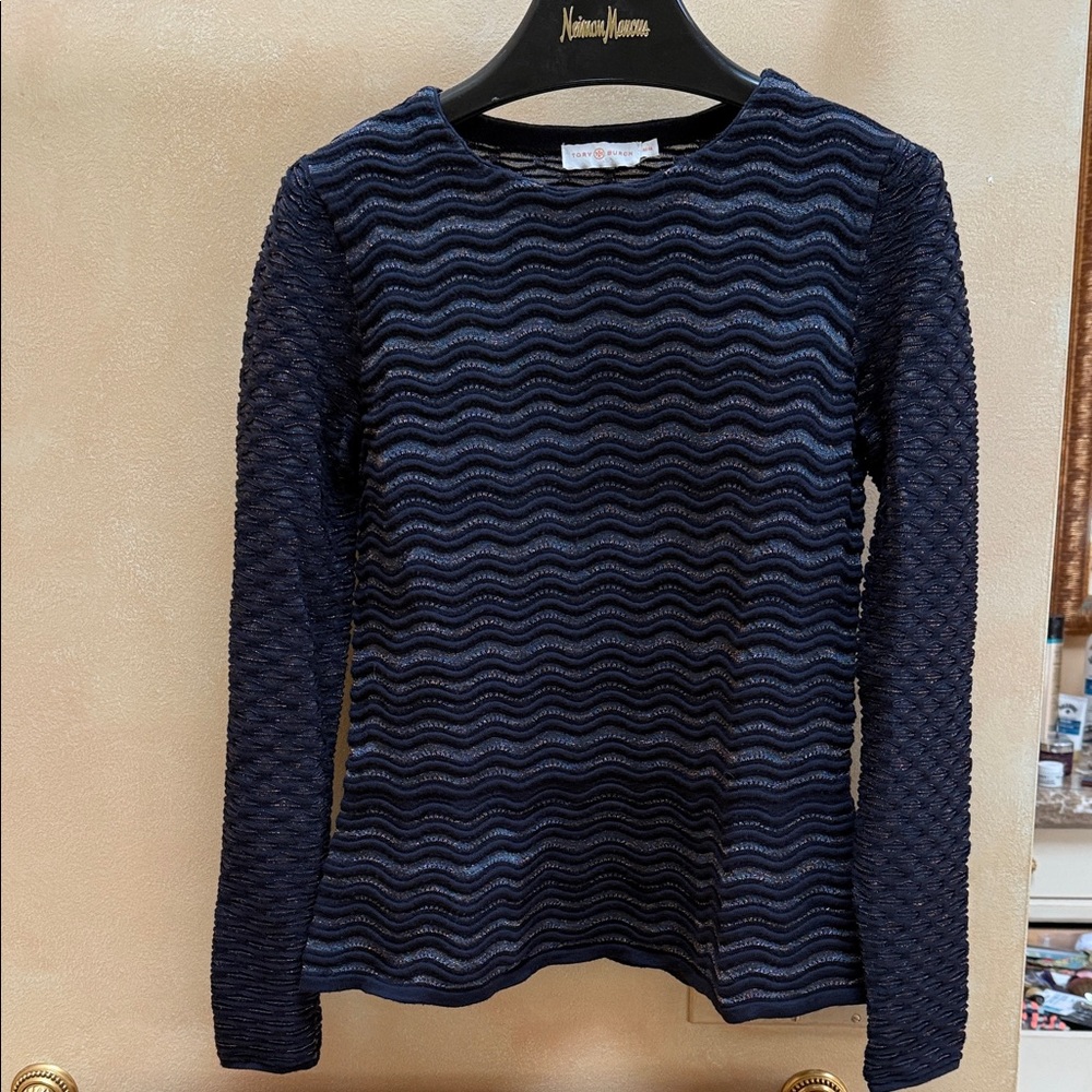 Tory Burch Navy Wave Pattern Long Sleeve Top